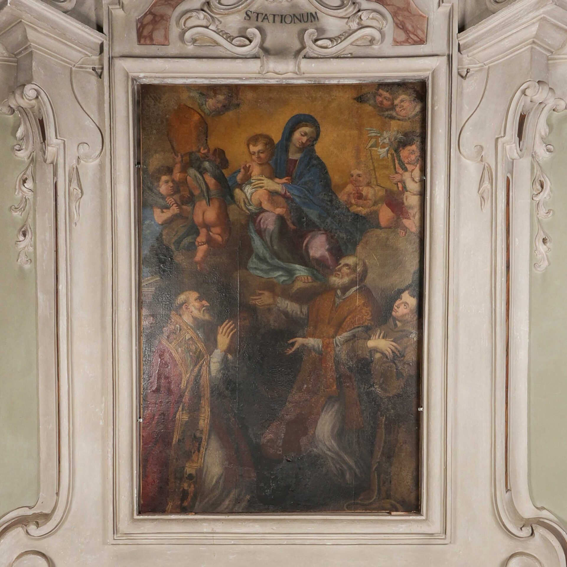 Vergine col Bambino in gloria con i Santi Agnano (o Damiano), Crispino, Crispiniano, Filippo Neri e Antonio da Padova